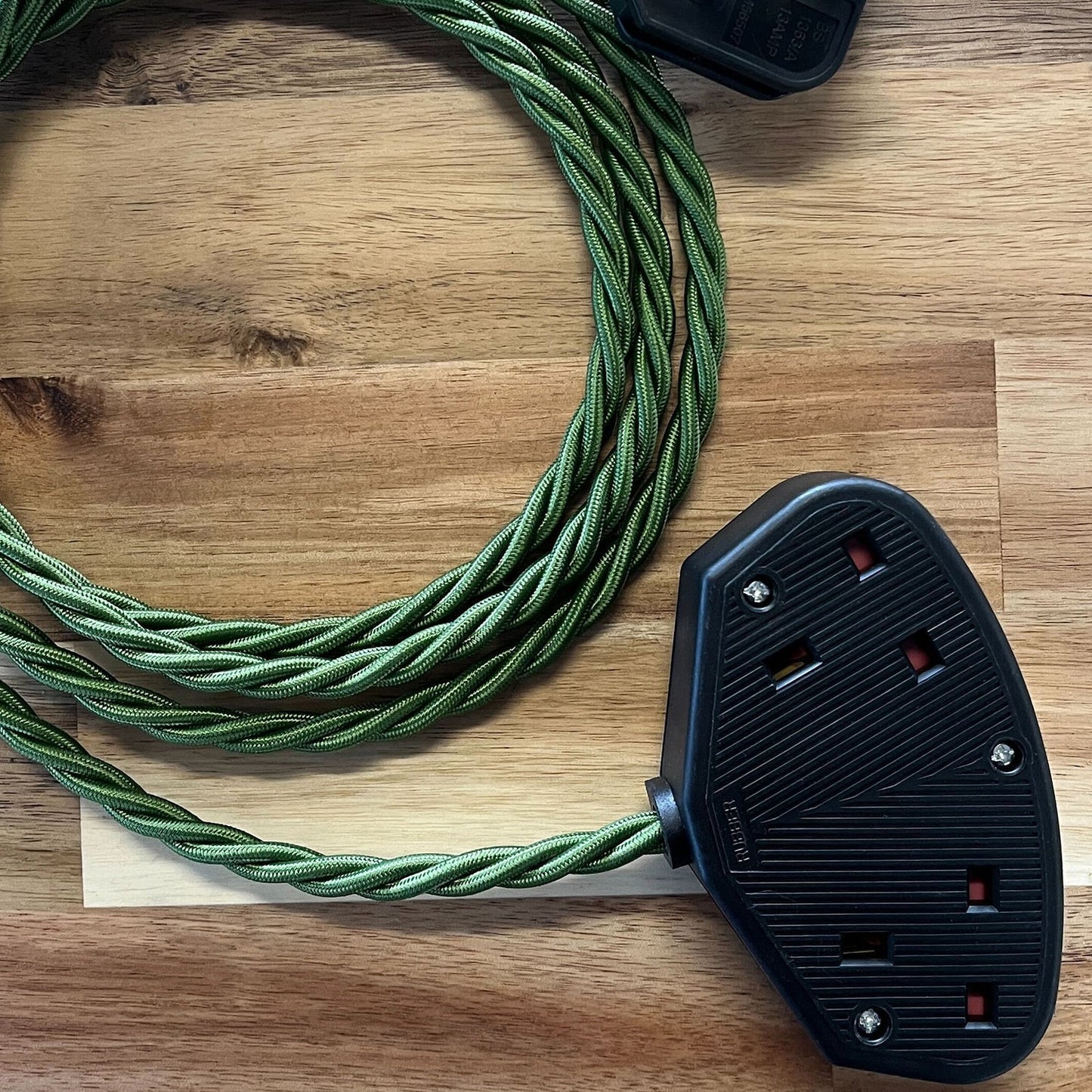Green Braided Fabric Decorative Extension Lead - 2 Gang Black Trailing Socket