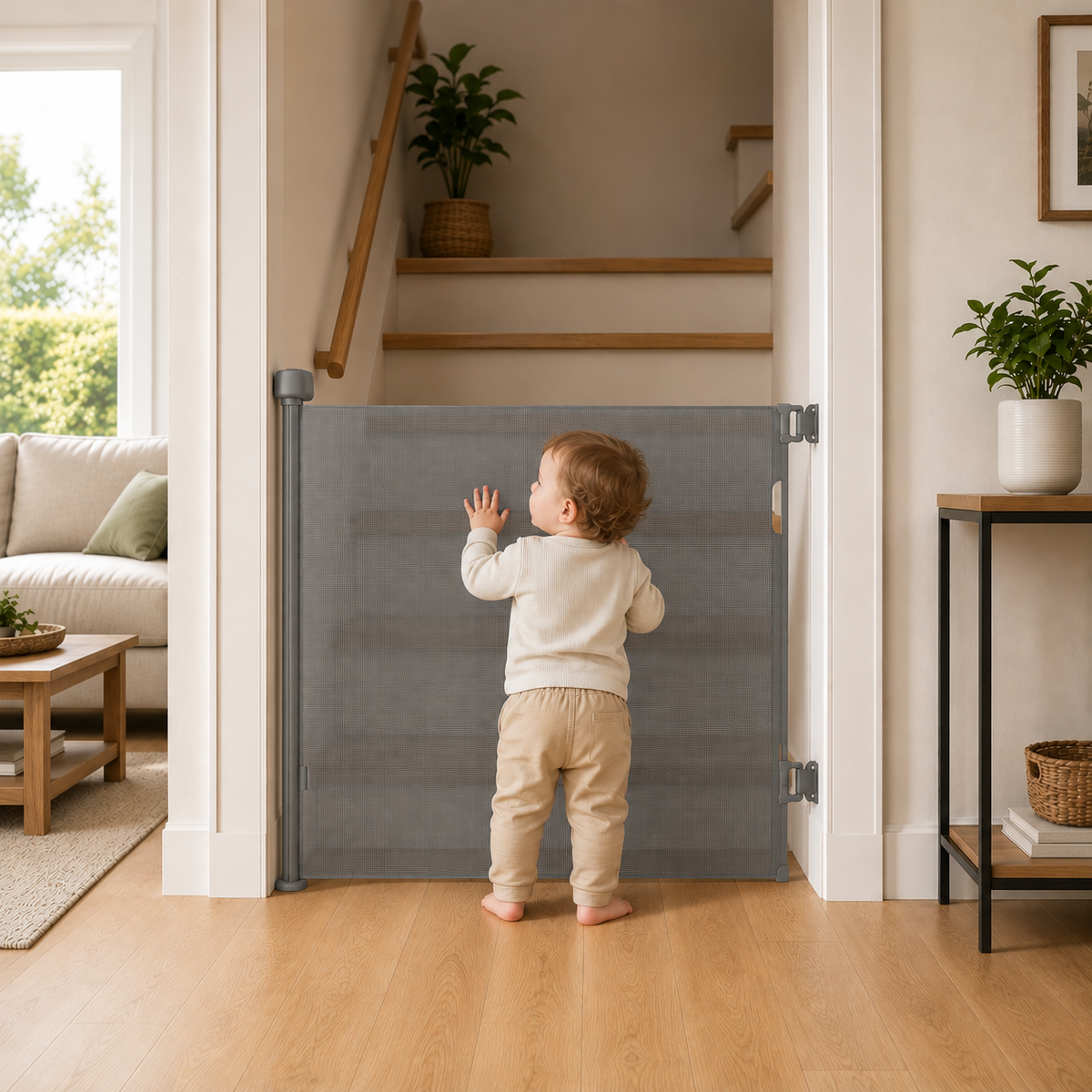 FYLO Premium Baby Fabric Safety Retractable Stair Gate - Grey (Upto 120cm Width)
