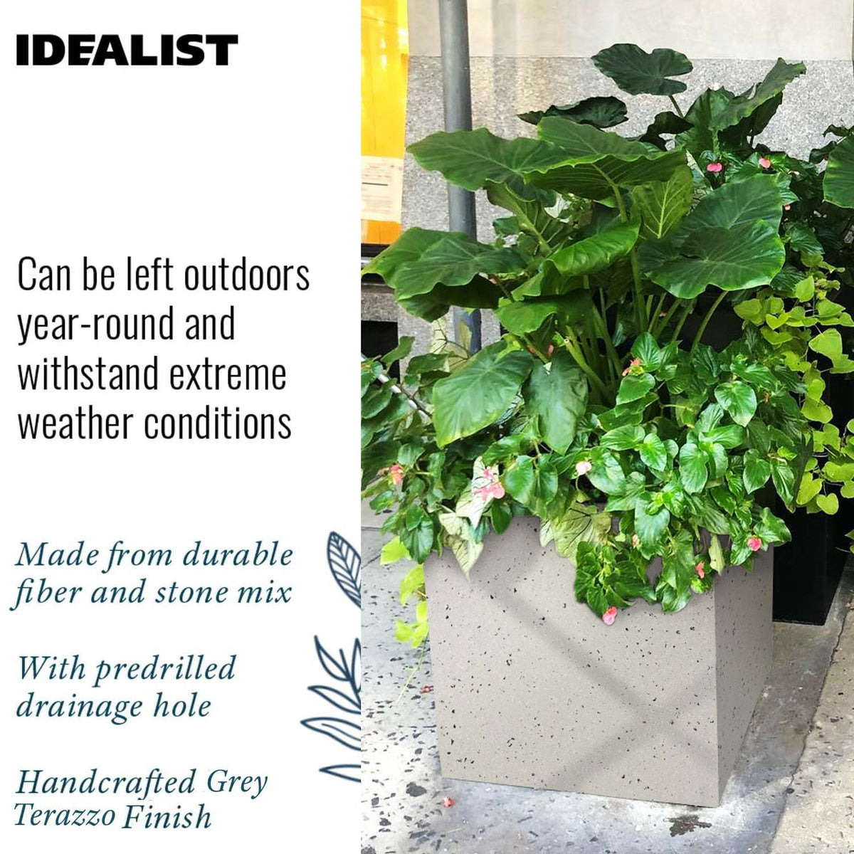 IDEALIST Lite Contemporary Flower Box Square Garden Planter, Light Concrete Outdoor Large Plant Pot H50 L50 W50 cm, 126L
