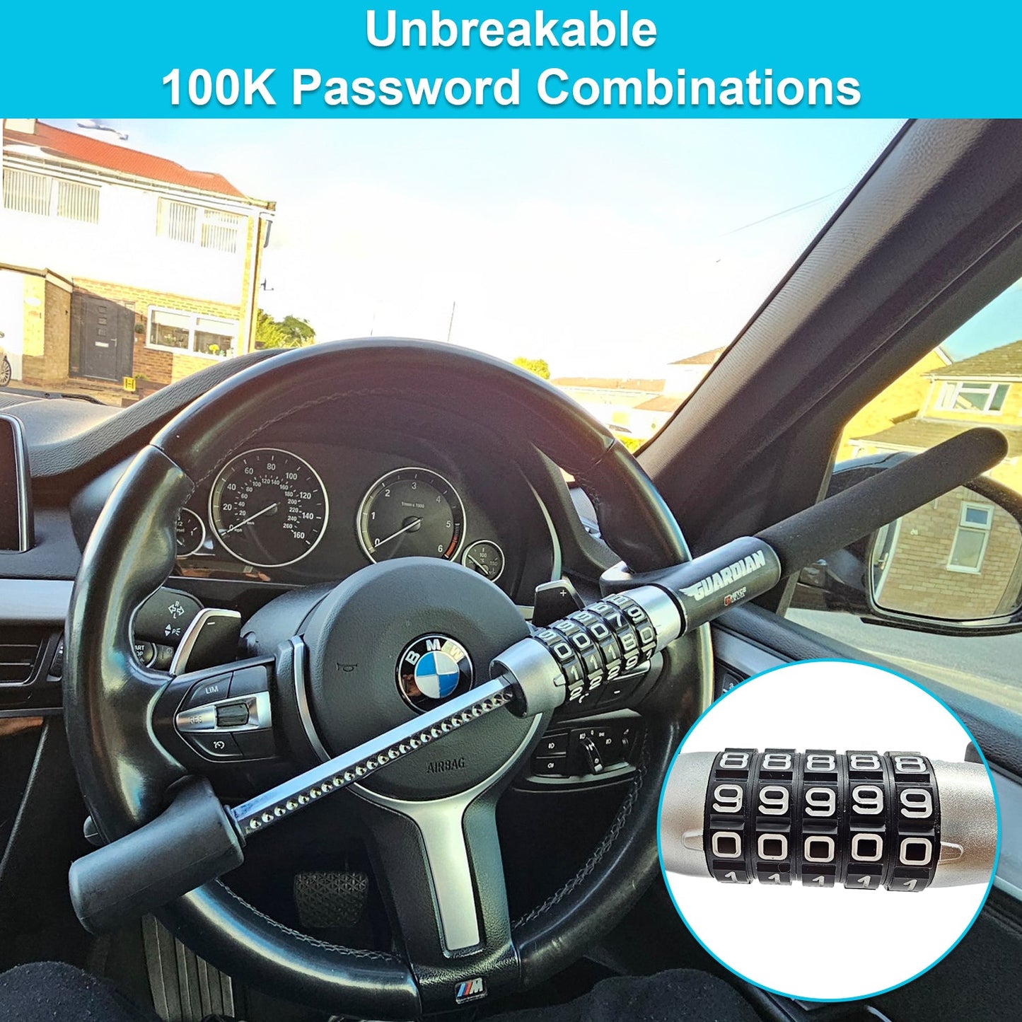 Guardian 5-Digit Combination Steering Wheel Lock, Heavy Duty Keyless Anti-Theft Steering Wheel Lock
