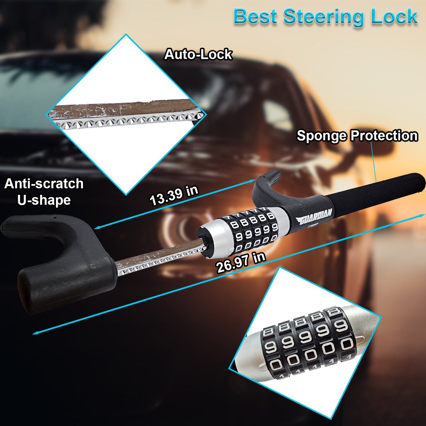 Guardian 5-Digit Combination Steering Wheel Lock, Heavy Duty Keyless Anti-Theft Steering Wheel Lock