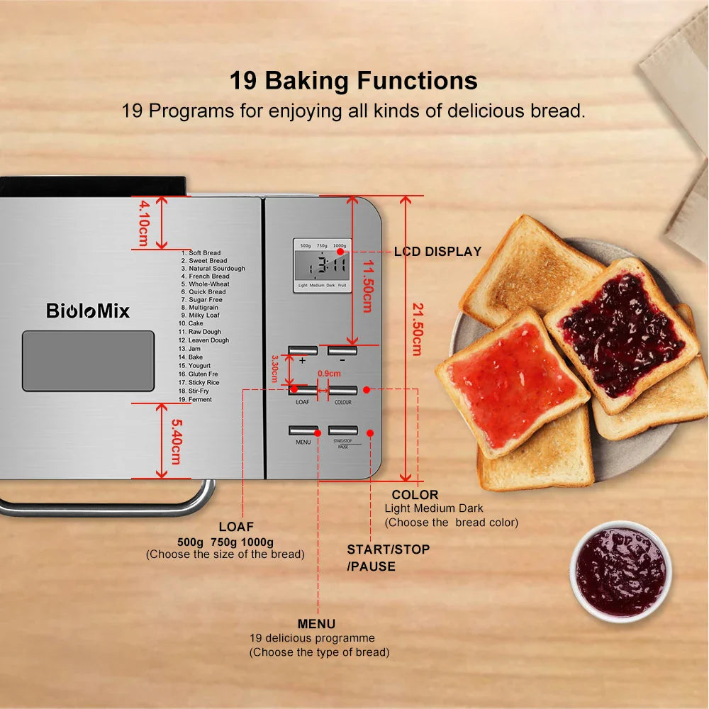 BioloMix Stainless Steel 19-in-1 Automatic Bread Maker,650W Programmable Bread Machine with 3 Loaf Sizes Fruit Nut Dispenser