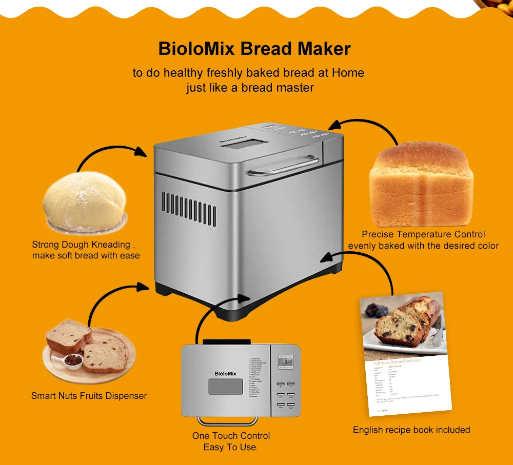 BioloMix Stainless Steel 19-in-1 Automatic Bread Maker,650W Programmable Bread Machine with 3 Loaf Sizes Fruit Nut Dispenser