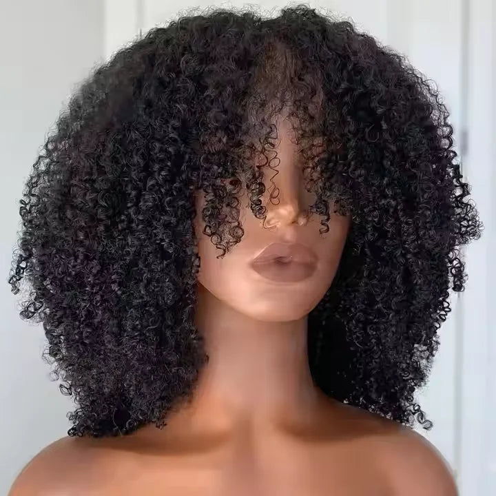 180 Density Kinky Curly Short Bob Human Hair Wig with Bangs Raw Brazilian Virgin Human Hair Afro Kinky Curly Wig for Black Women