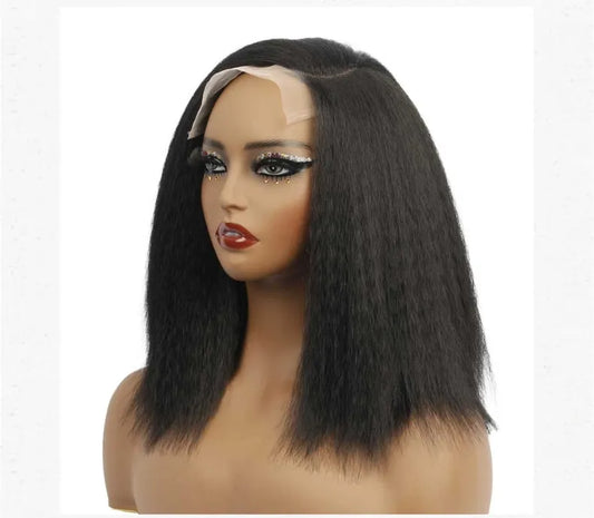 14-Inch Women's Hand Tied Synthetic Hair Wig Transparent 13*4 Frontal Bob Yaki Kinky Straight Afro Puff Side Part Side Part Yaki