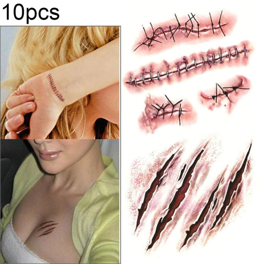 10pcs S-165 Halloween Terror Wound Realistic Scratches Injury Scar Temporary Tattoo Sticker, S-165/10pcs