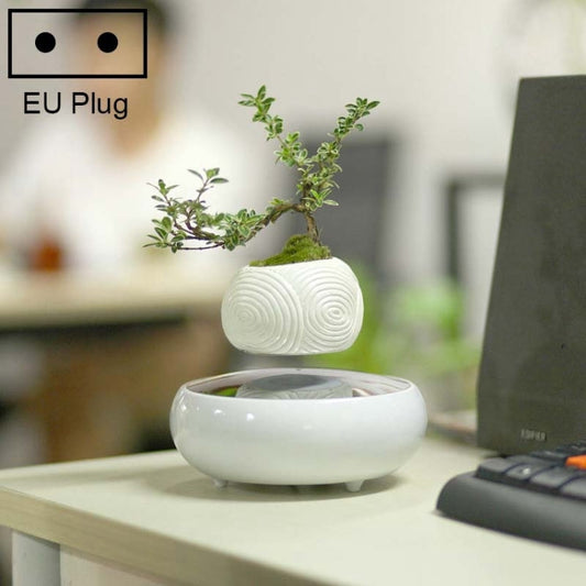 Dark Color Stripe Flower Pot + Imitation Ceramic Resin Base Magnetic Levitation Potted Plant Home Decoration, EU Plug, White Stripe EU Plug, Dark Color EU Plug, Soil Color EU Plug