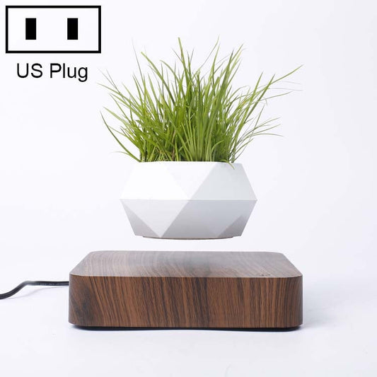 Diamond Plastic Flower Pot + Dark Wood Grain Base Magnetic Levitation Potted Plant Home Decoration, US Plug, Dark Wood Grain US Plug, Light Wood Grain US Plug
