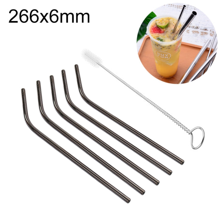 5pcs Reusable Stainless Steel Bent Drinking Straw + Cleaner Brush Set Kit,  266*6mm, 266*6mm (Bent)