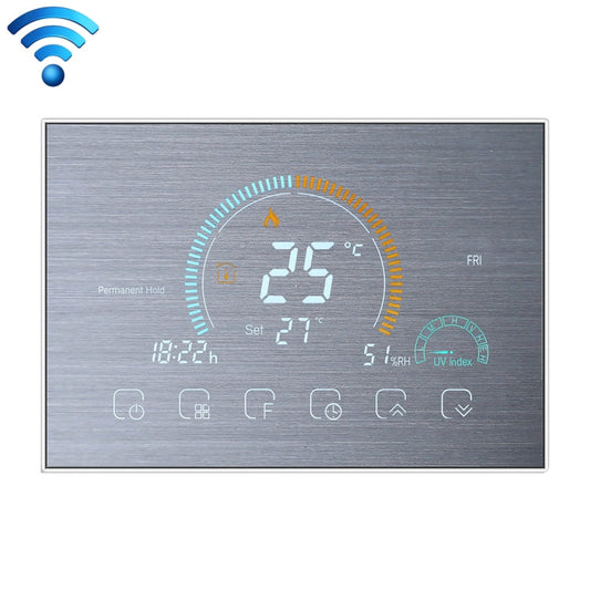 BHT-8000-GCLW-SS Brushed Stainless Steel Mirror Controlling Water/Gas Boiler Heating Energy-saving and Environmentally-friendly Smart Home Negative Display LCD Screen Round Room Thermostat with WiFi, with WiFi