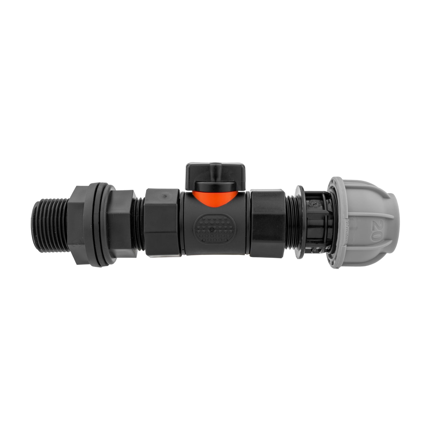 Water Butt Connector 3/4in BSP with In-Line BSPF Valve and 20mm MDPE Straight