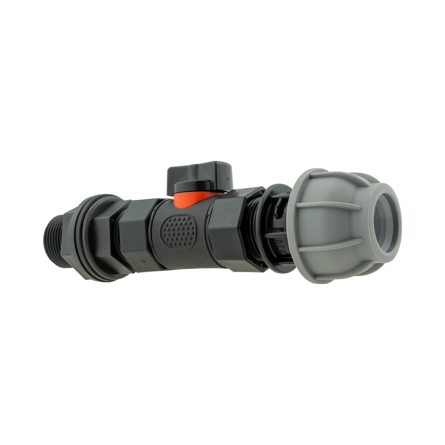 Water Butt Connector 3/4in BSP with In-Line BSPF Valve and 20mm MDPE Straight