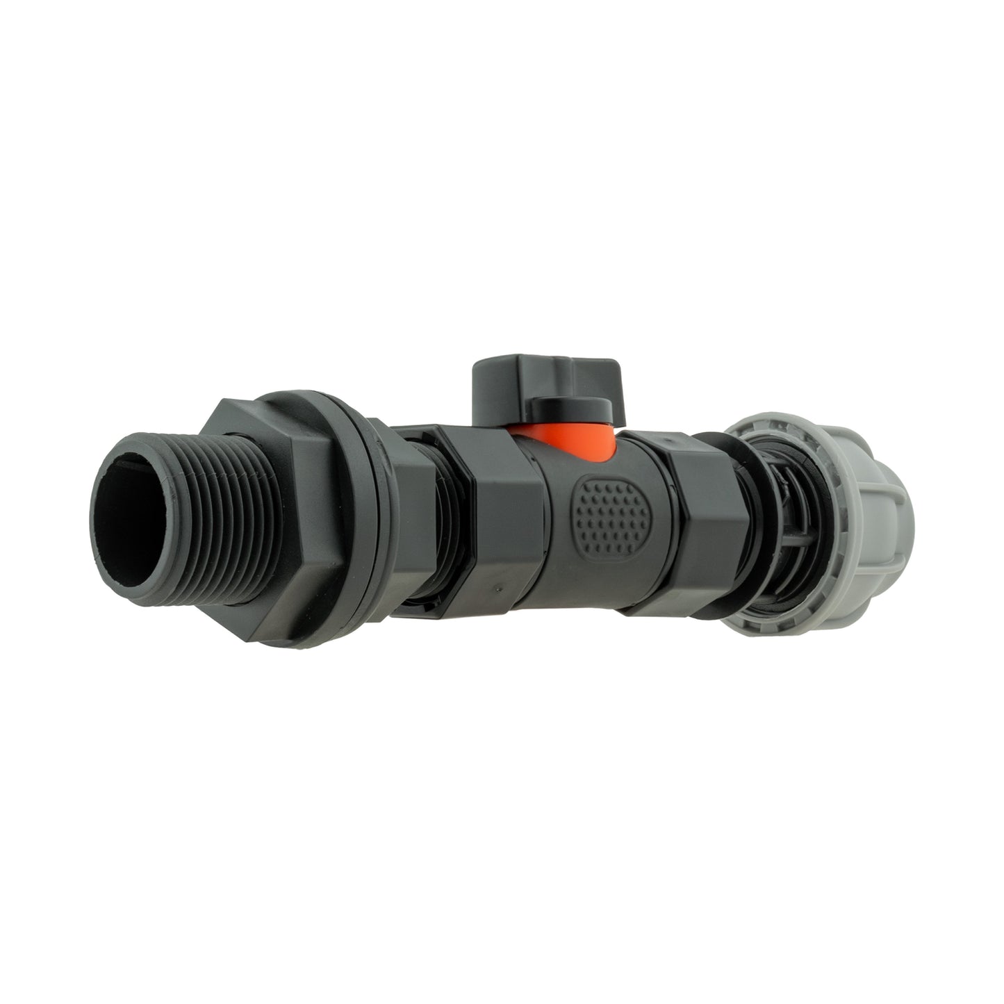 Water Butt Connector 3/4in BSP with In-Line BSPF Valve and 20mm MDPE Straight