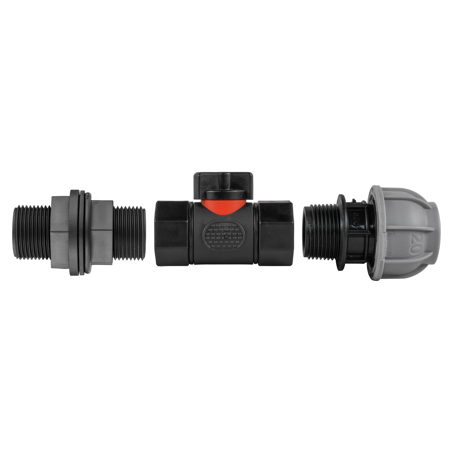 Water Butt Connector 3/4in BSP with In-Line BSPF Valve and 20mm MDPE Straight