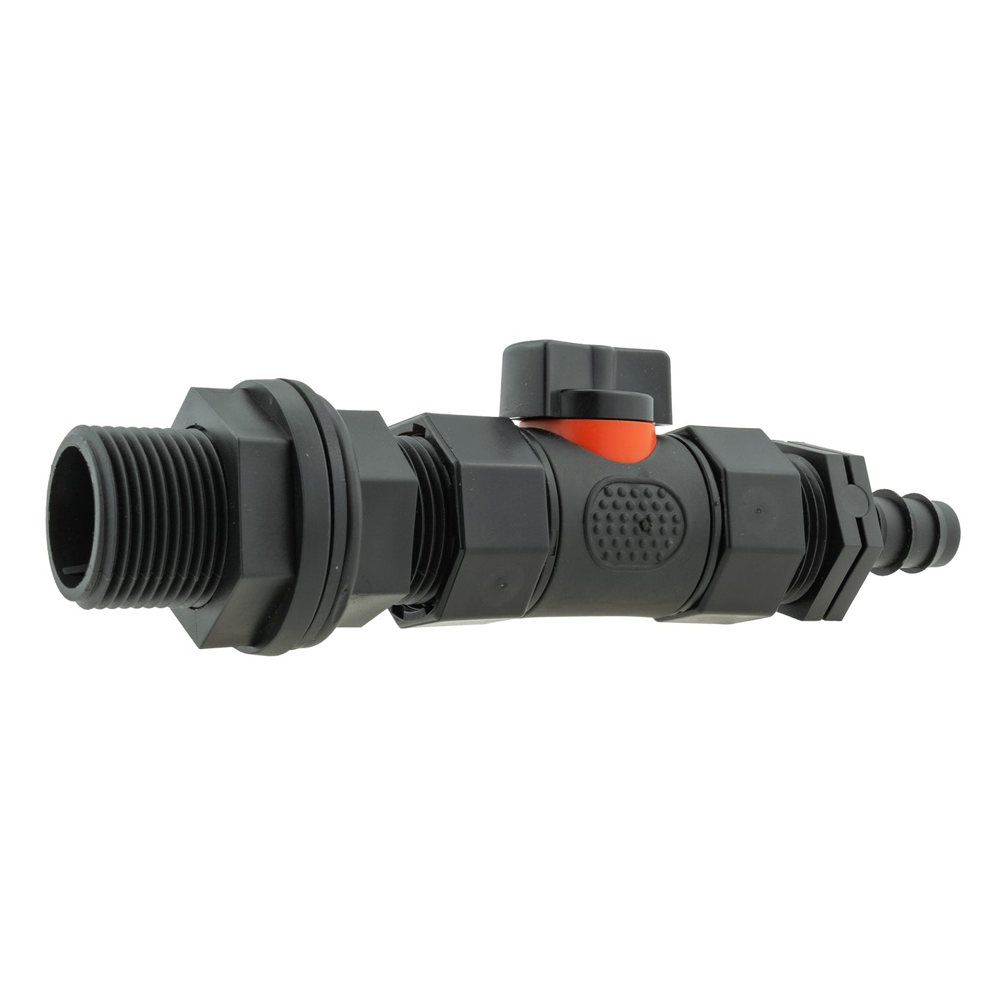 Water Butt Connector 3/4in BSP with In-Line BSPF Valve and 16mm Barbed Straight