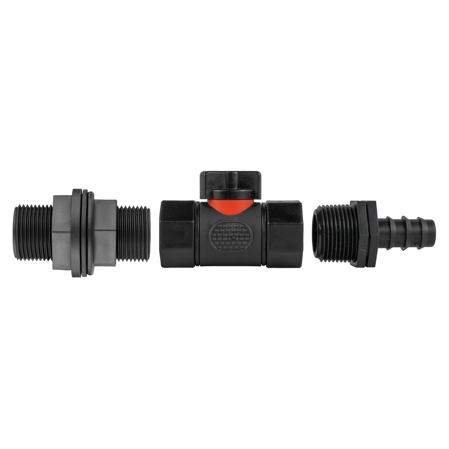 Water Butt Connector 3/4in BSP with In-Line BSPF Valve and 16mm Barbed Straight