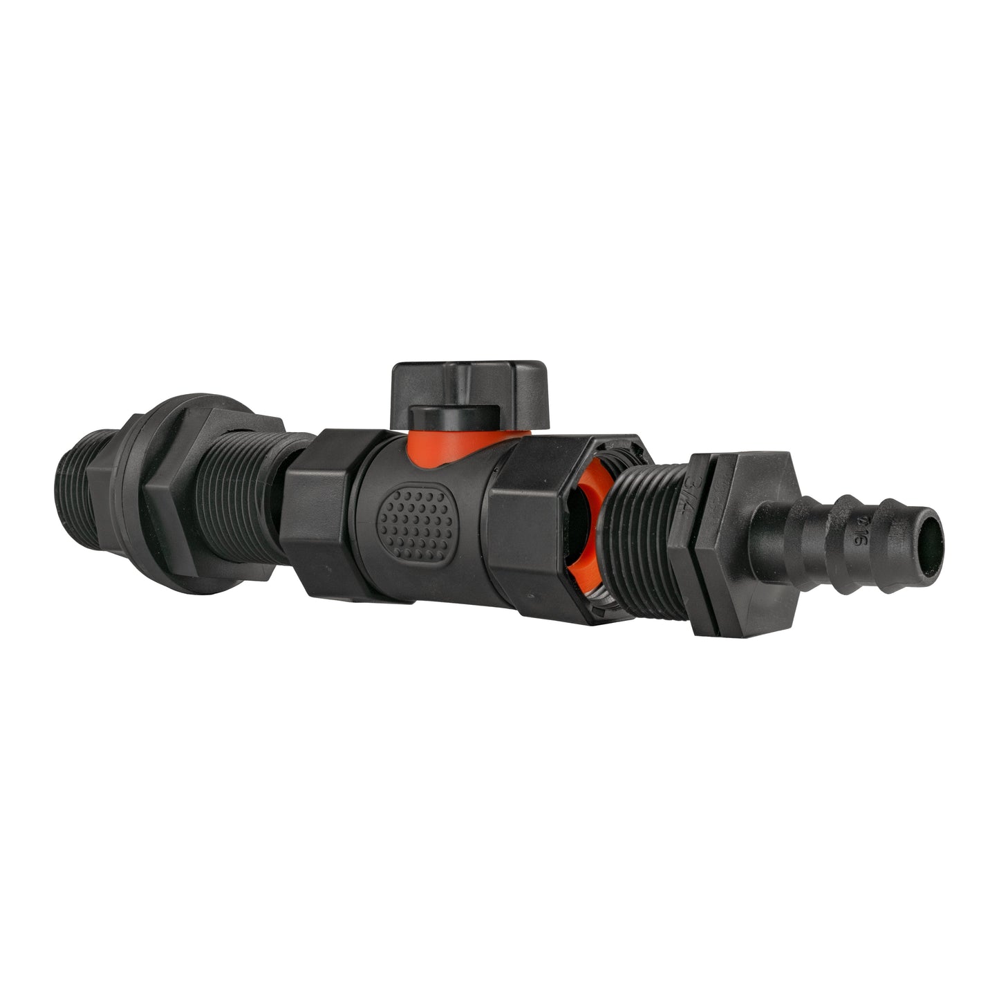 Water Butt Connector 3/4in BSP with In-Line BSPF Valve and 16mm Barbed Straight