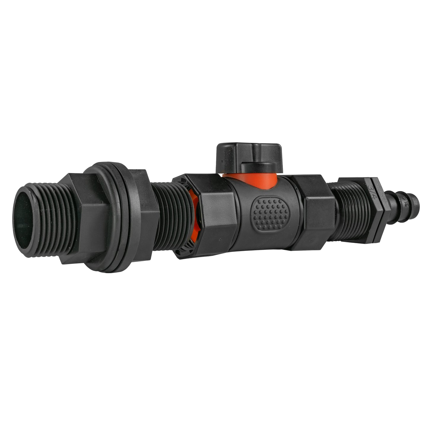 Water Butt Connector 3/4in BSP with In-Line BSPF Valve and 16mm Barbed Straight
