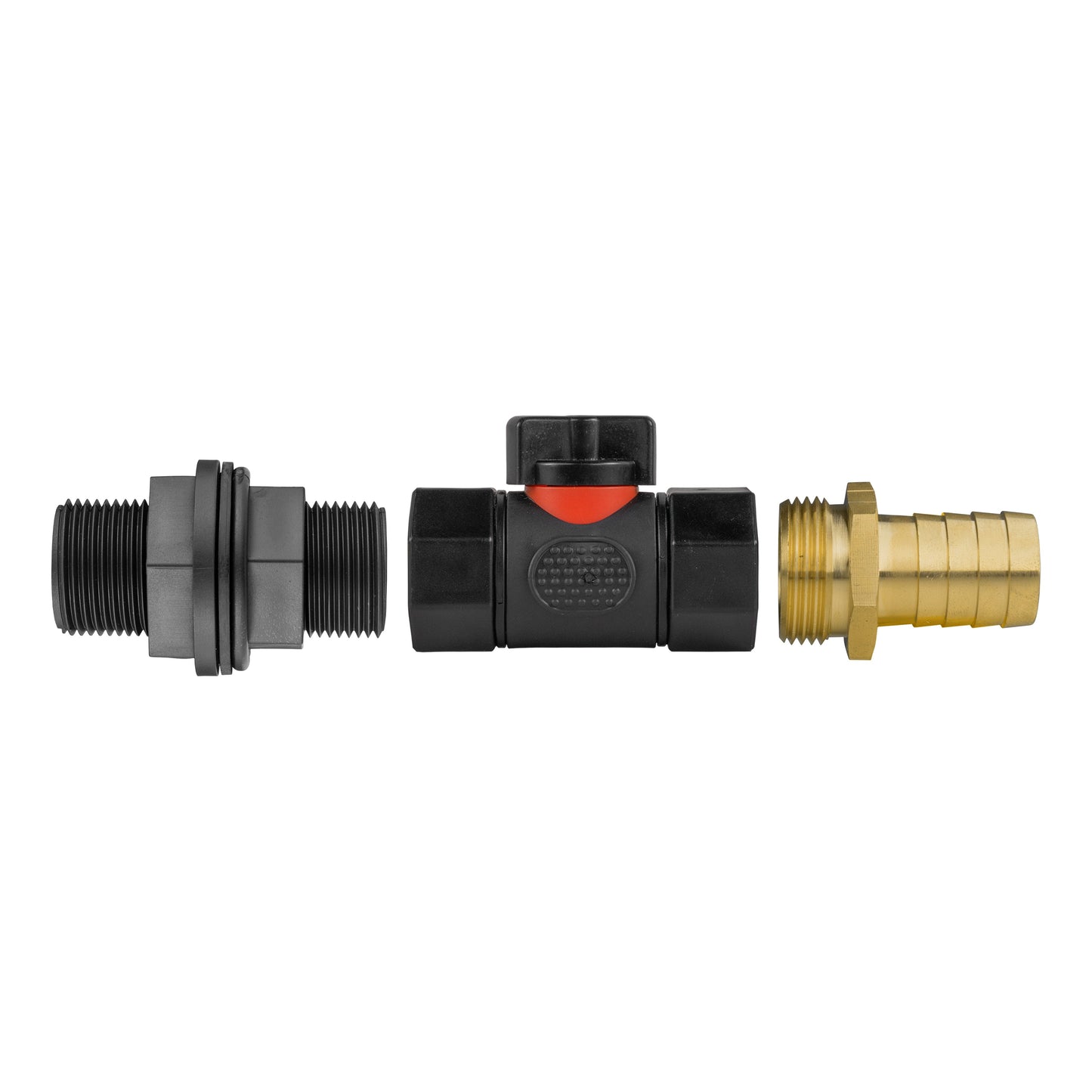 Water Butt Connector 3/4in BSP with In-Line BSPF Valve and 25mm Brass Barb