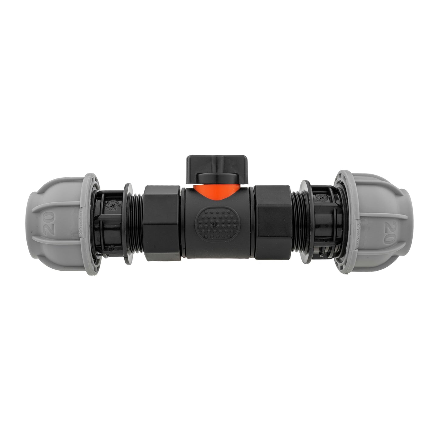 In-Line BSPF Valve with 2 x 20mm MDPE Straight Connectors for BSP Thread Fitting