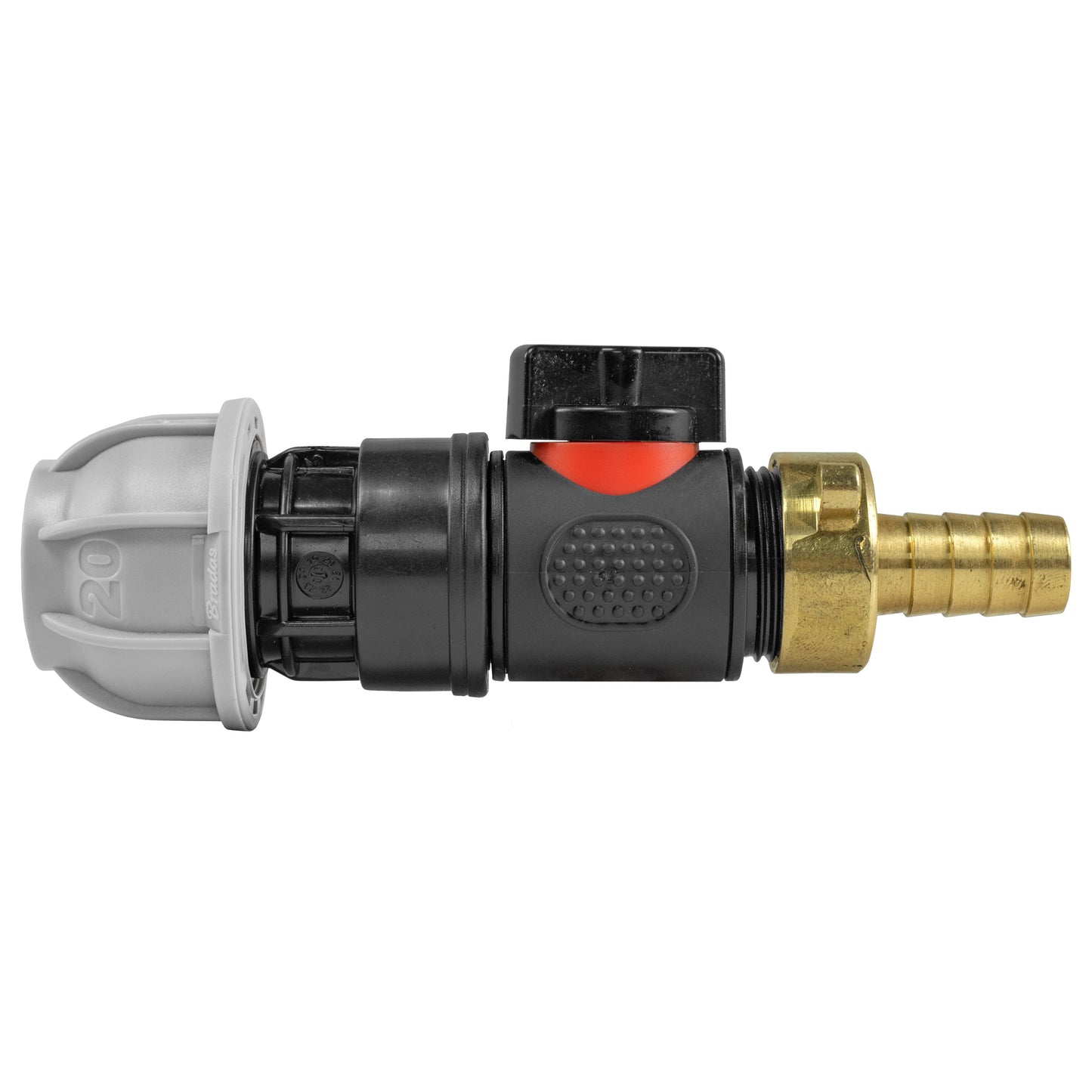 20mm MDPE Straight with In-Line BSPM Valve and 13mm Brass Barb Hose Pipe Fitting