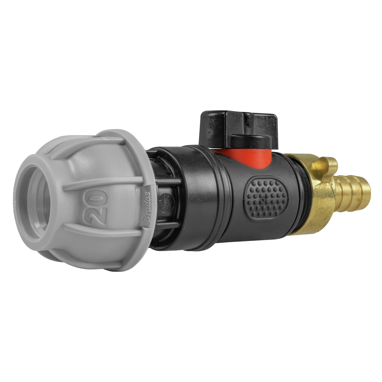20mm MDPE Straight with In-Line BSPM Valve and 13mm Brass Barb Hose Pipe Fitting