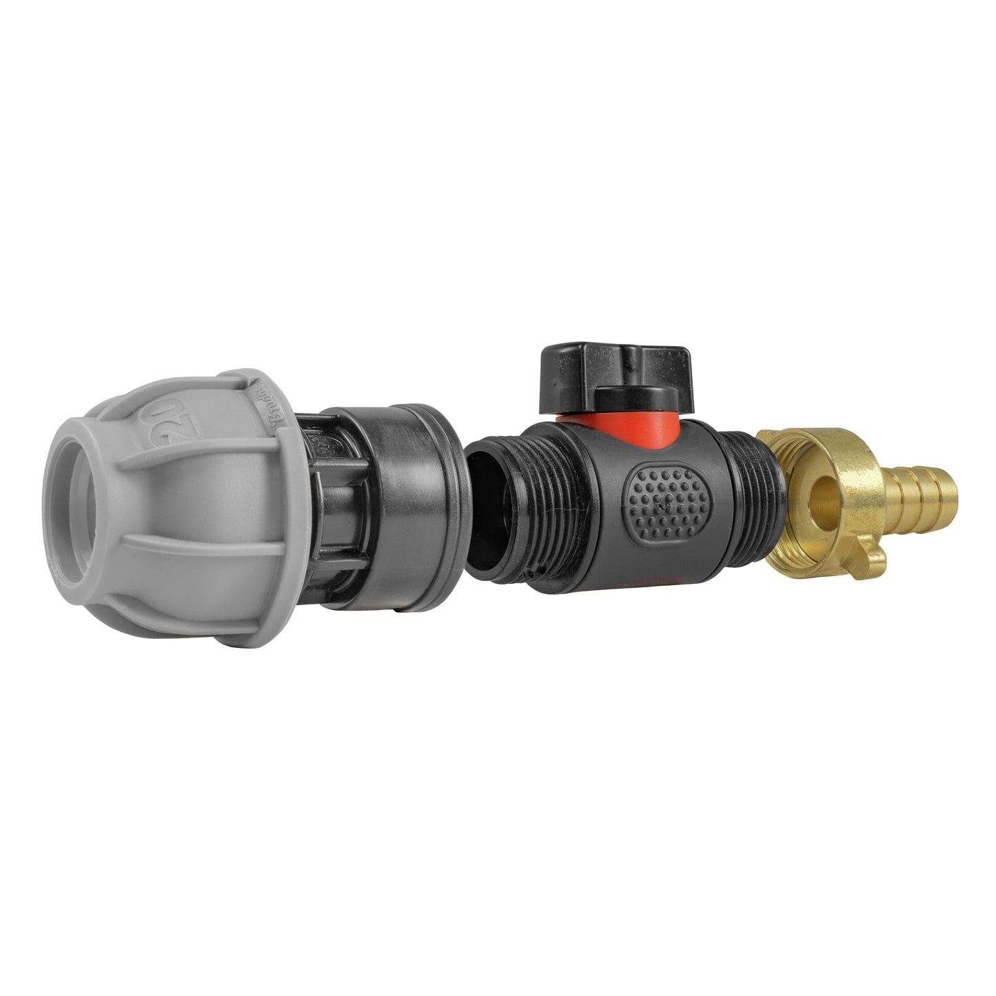 20mm MDPE Straight with In-Line BSPM Valve and 13mm Brass Barb Hose Pipe Fitting