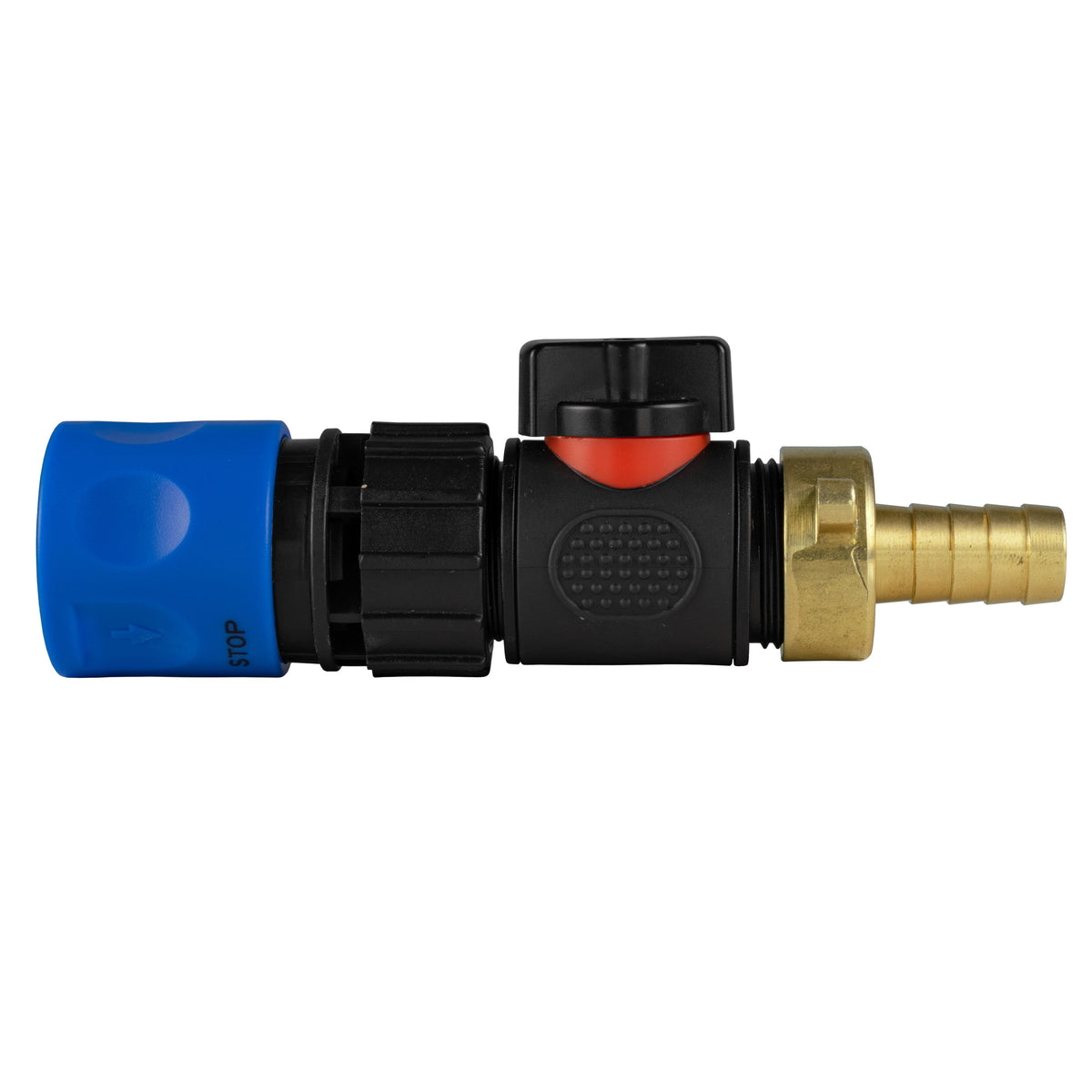 Hose Connector Blue with In-Line BSPM Valve and 13mm Brass Barb Water Connector
