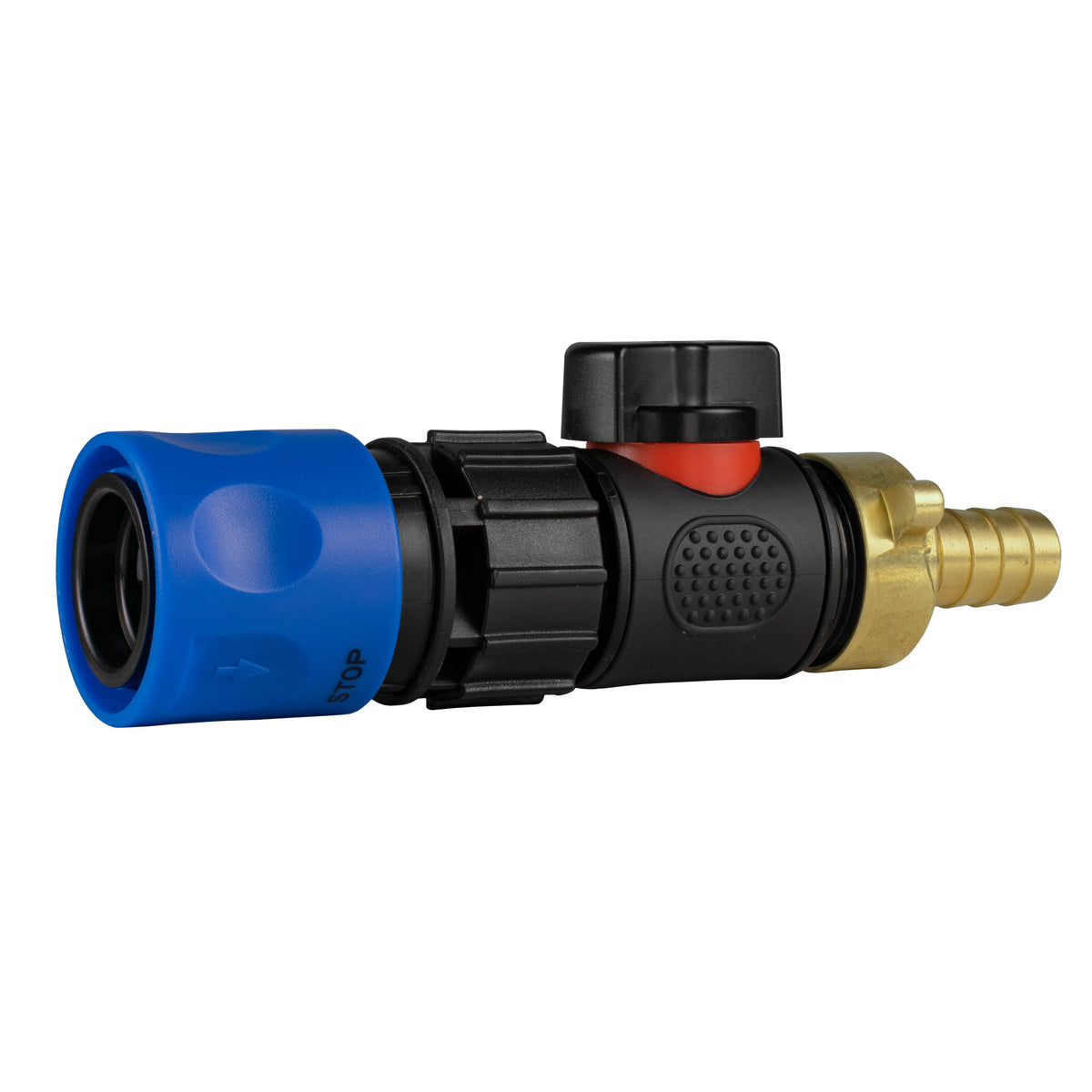 Hose Connector Blue with In-Line BSPM Valve and 13mm Brass Barb Water Connector