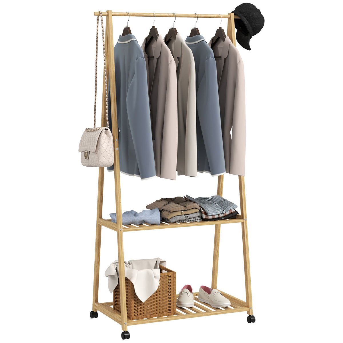 HOMCOM Bamboo Clothes Rail Rack with 2 Storage Shelves, Natural Wood Effect