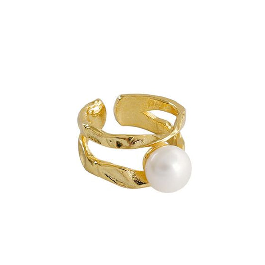 Irregular Line Freshwater Pearl Adjustable Ring - Gold-Plated Silver Pearl Rings for women - Perfect Pearl Rings with Gift Wrapping Included