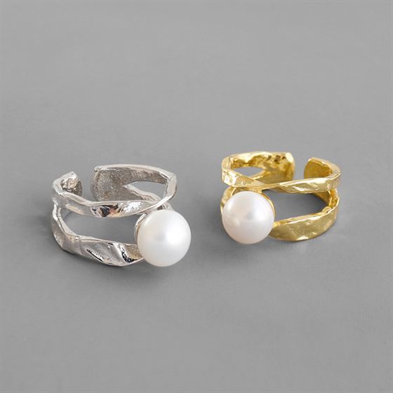 Irregular Line Freshwater Pearl Adjustable Ring - Gold-Plated Silver Pearl Rings for women - Perfect Pearl Rings with Gift Wrapping Included