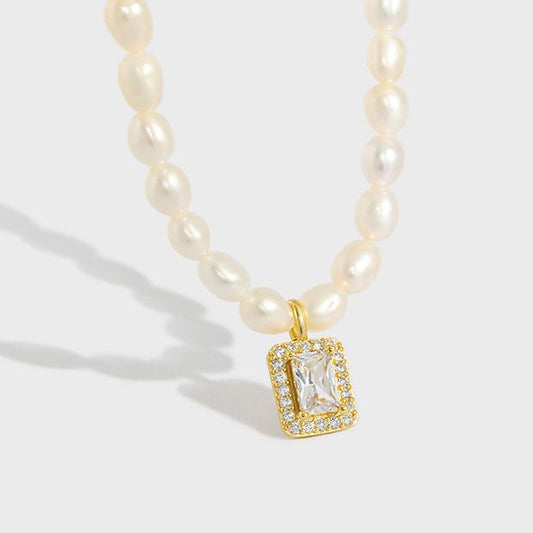 Elegant Natural Pearl Rectangle CZ Necklace - Gold-Plated Silver Pearl Necklace - Perfect Pearl Necklace with Gift Wrapping Included