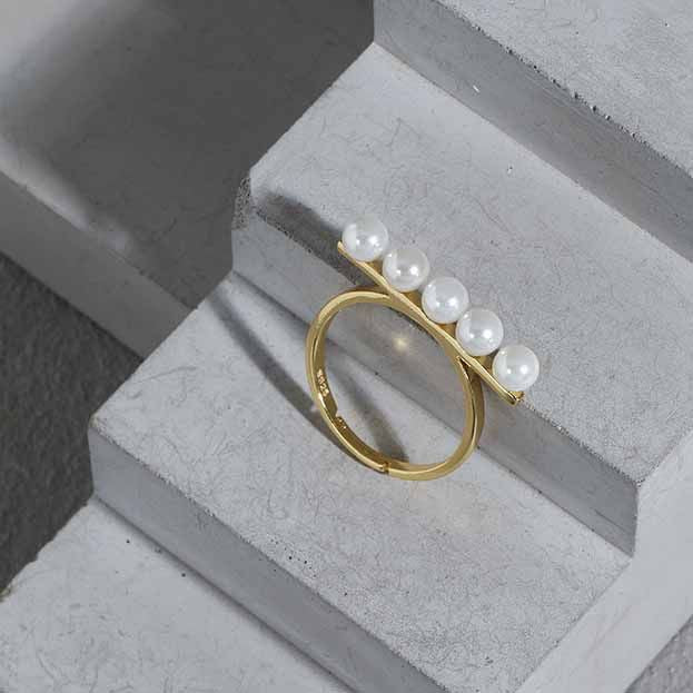 Party Shell Pearl Lines Adjustable Ring - Gold-Plated Silver Pearl Rings for women - Perfect Pearl Rings with Gift Wrapping Included