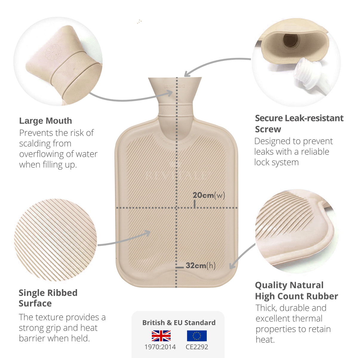 Revitale Natural Rubber Hot Water Bottle with Knit Cover - 2 Litre (Arctic Silver)