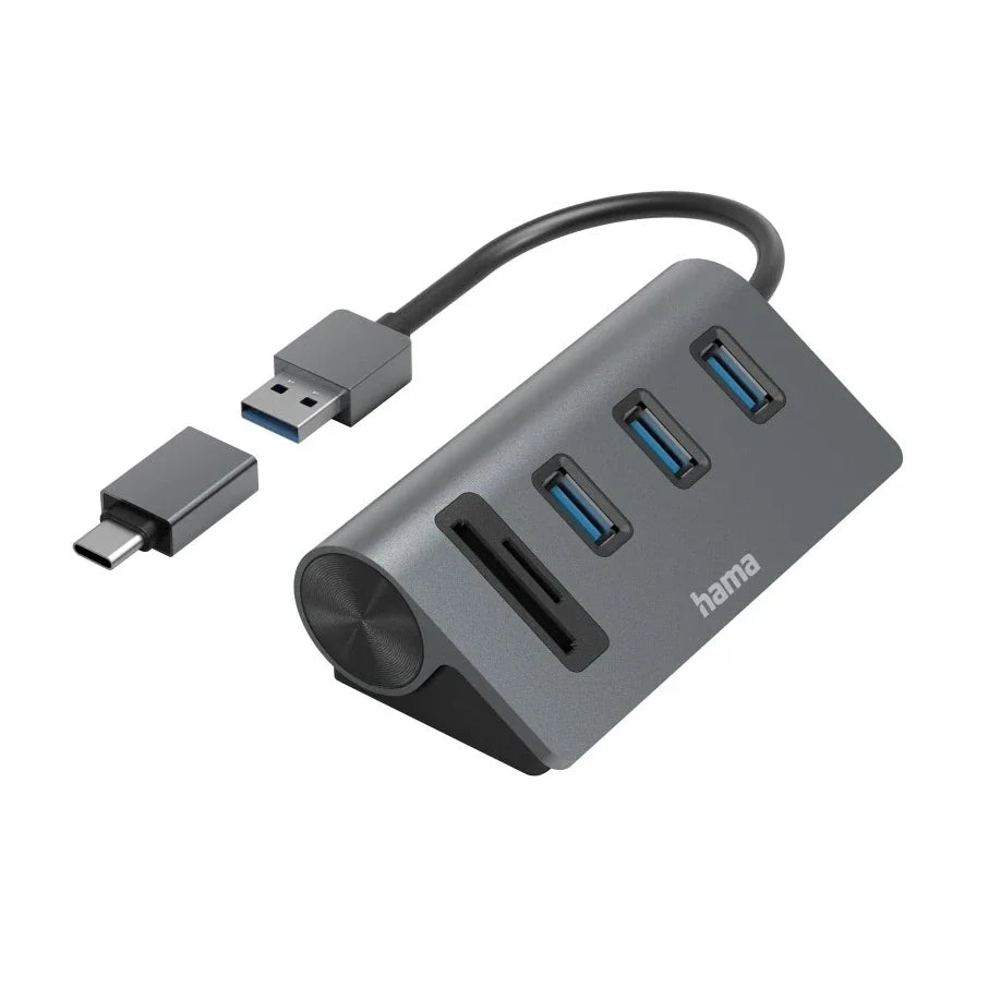 Hama 5 Port USB Hub + Card Reader, 3x USB-A, SD/microSD + USB-C Adapter