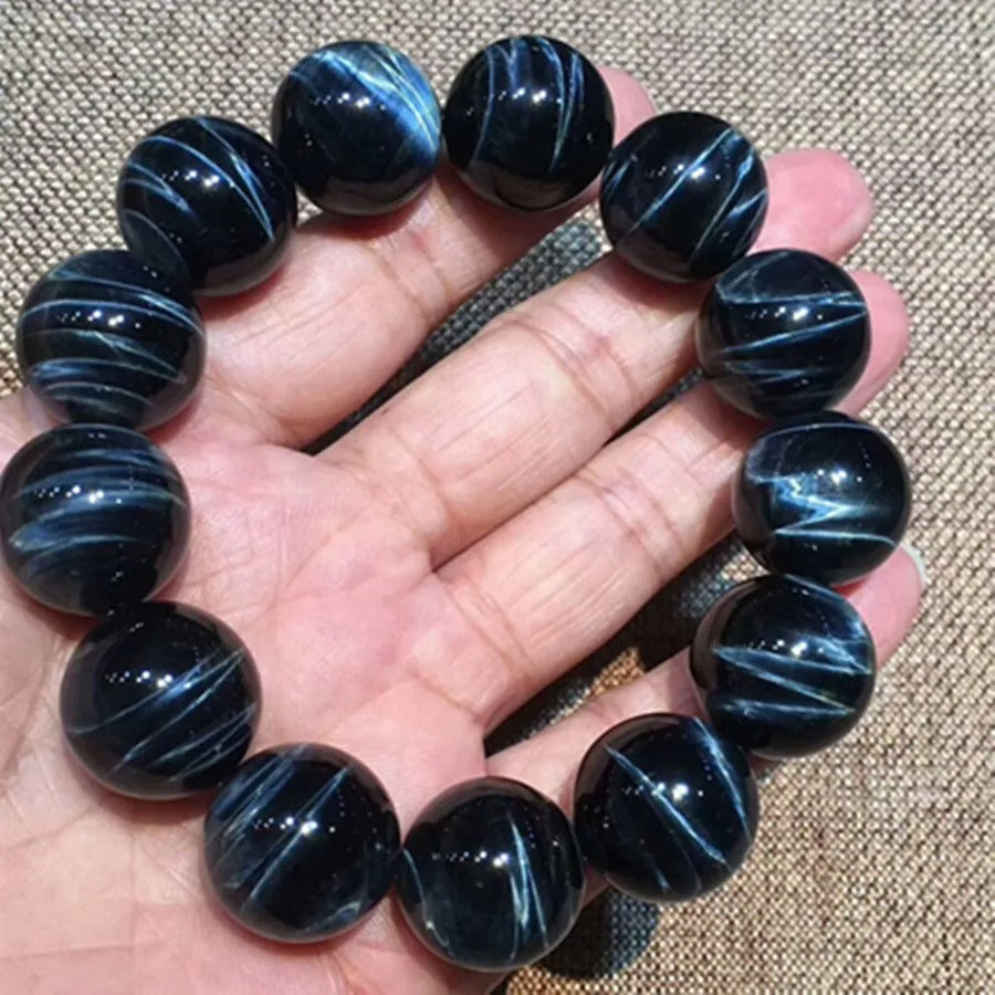Natural Blue Tiger's Eye aka Hawk's Eye Gemstone Bracelet, Size 8-18mm