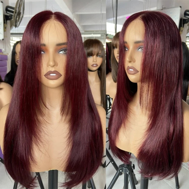 99J Straight Layer Haircut Wig 5x5 Pre-cut Lace Closure Butterfly Hair Wig Burgundy Layered Human Hair Wig Glueless