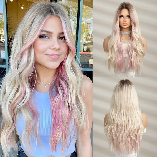 26-Inch Straight Hair Wig Loose Wave Ombre Blonde Gradient Gold Pick Pink Long Curly High-Temperature Fiber Styles Women
