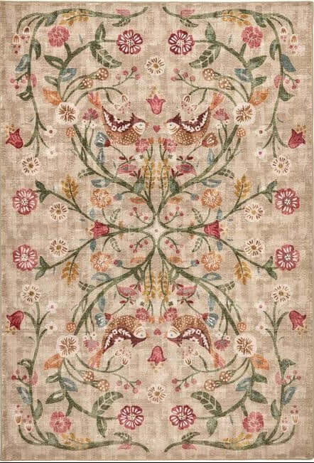 Eco-Washable Beige Rug Floral Design