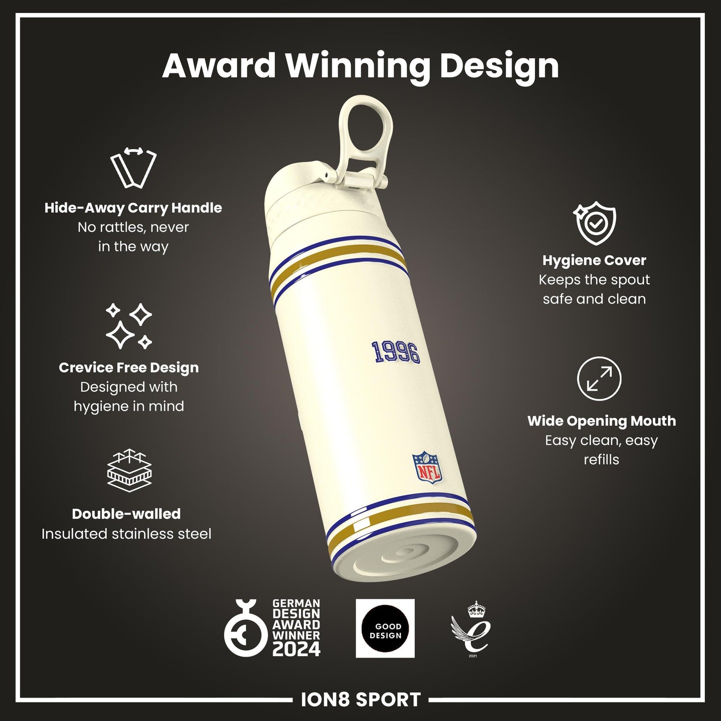 NFL x ION8 Insulated Steel Water Bottle, NFL Ravens, 750ml (24oz)