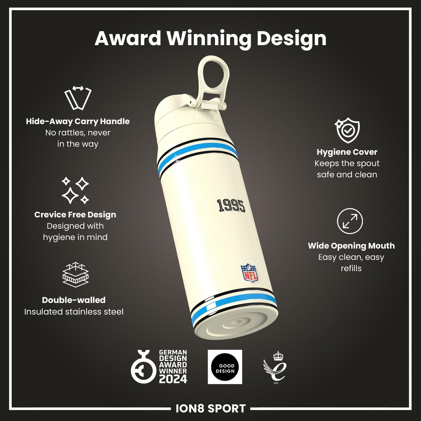 NFL x ION8 Insulated Steel Water Bottle, NFL Panthers, 750ml (24oz)