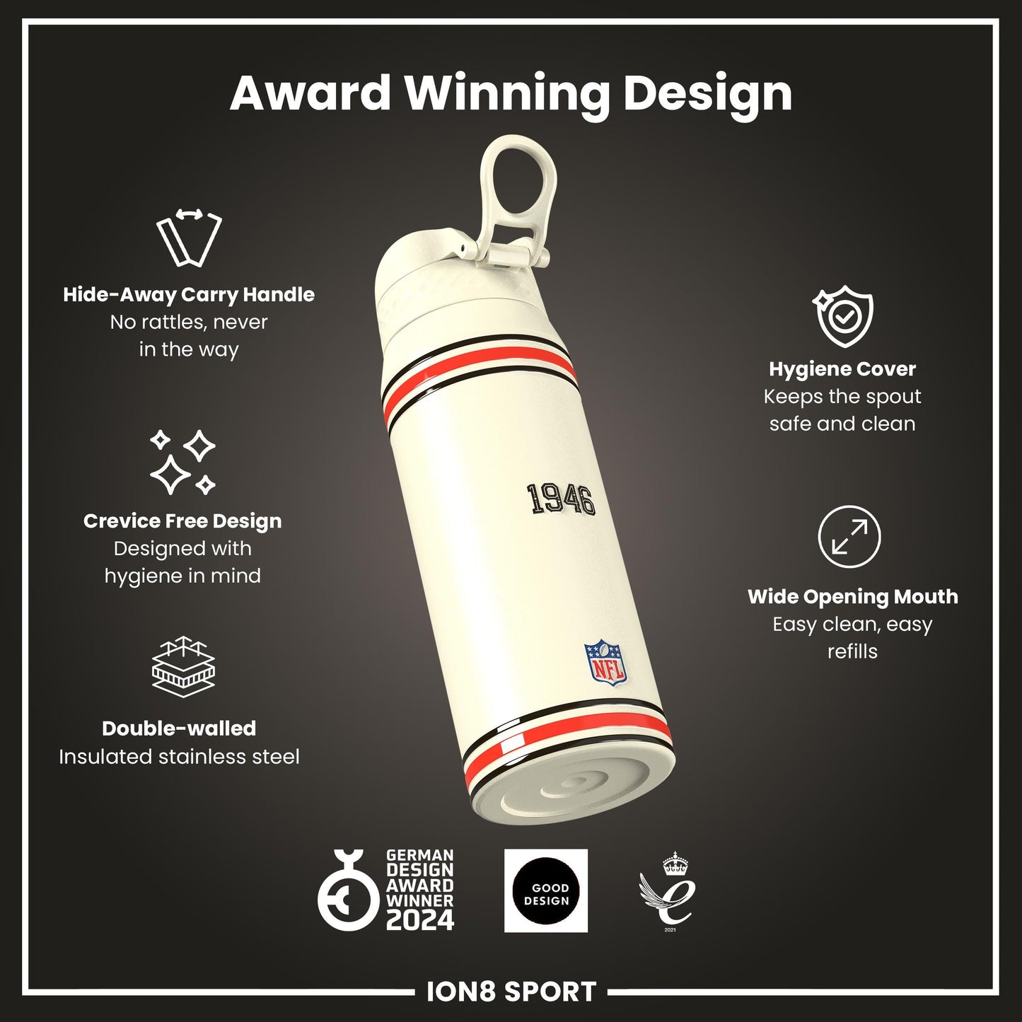 NFL x ION8 Insulated Steel Water Bottle, NFL Browns, 750ml (24oz)