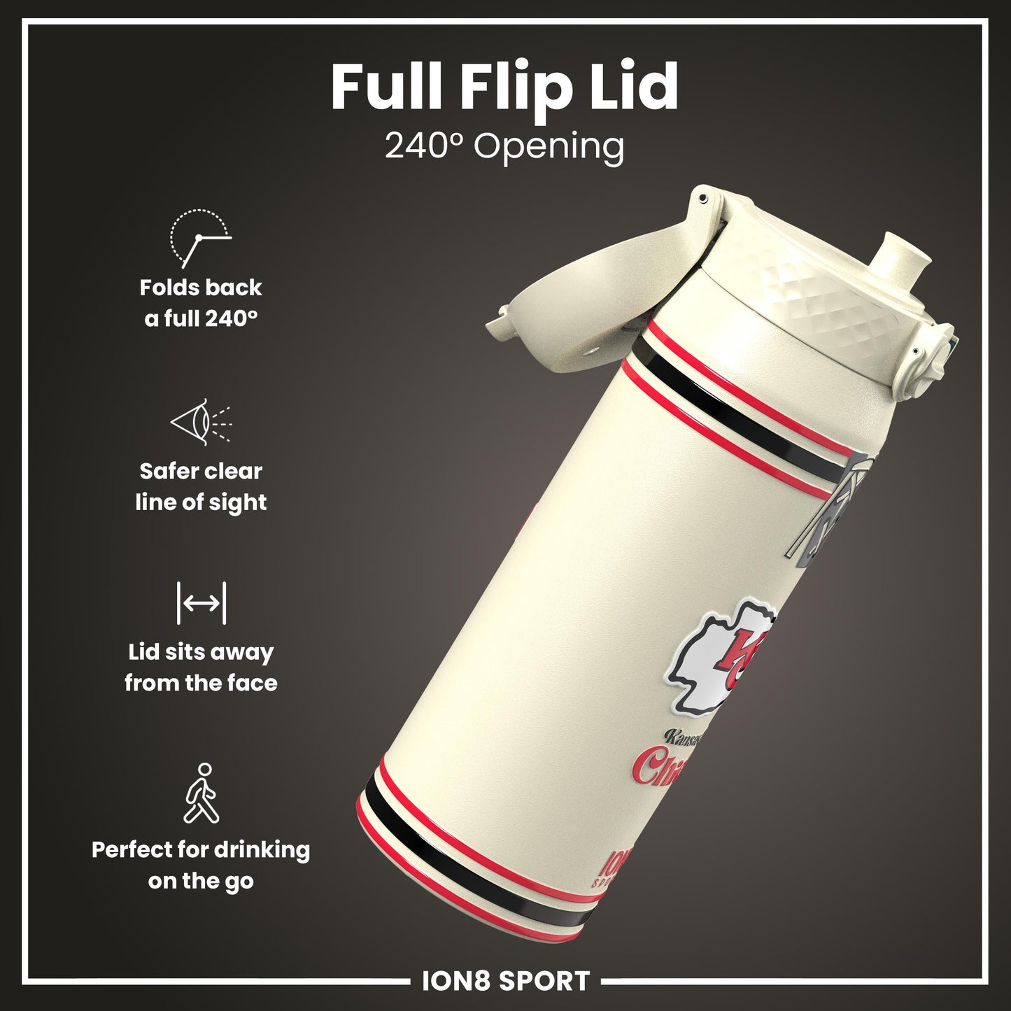 NFL x ION8 Insulated Steel Water Bottle, NFL Chiefs, 750ml (24oz)