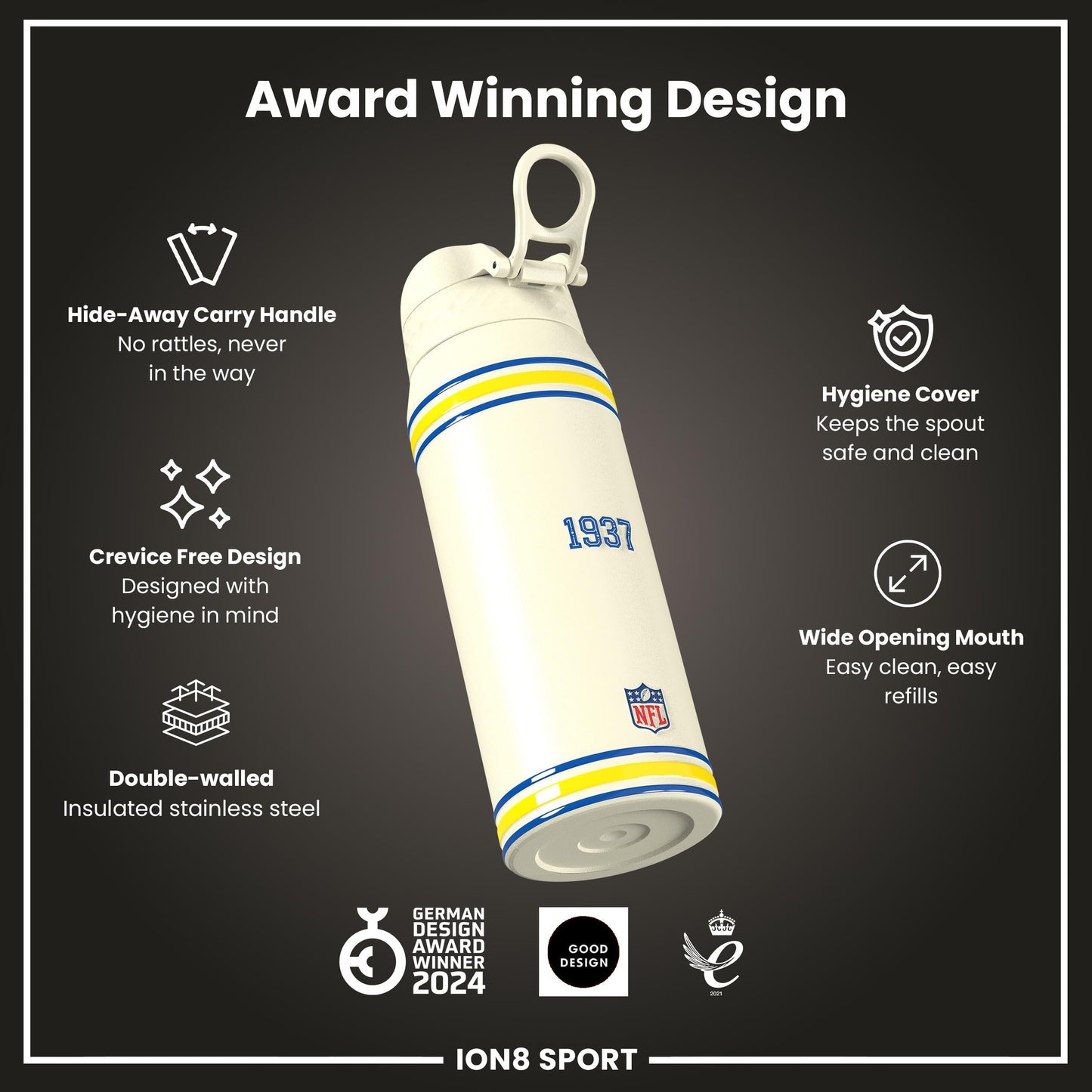 NFL x ION8 Insulated Steel Water Bottle, NFL Rams, 750ml (24oz)