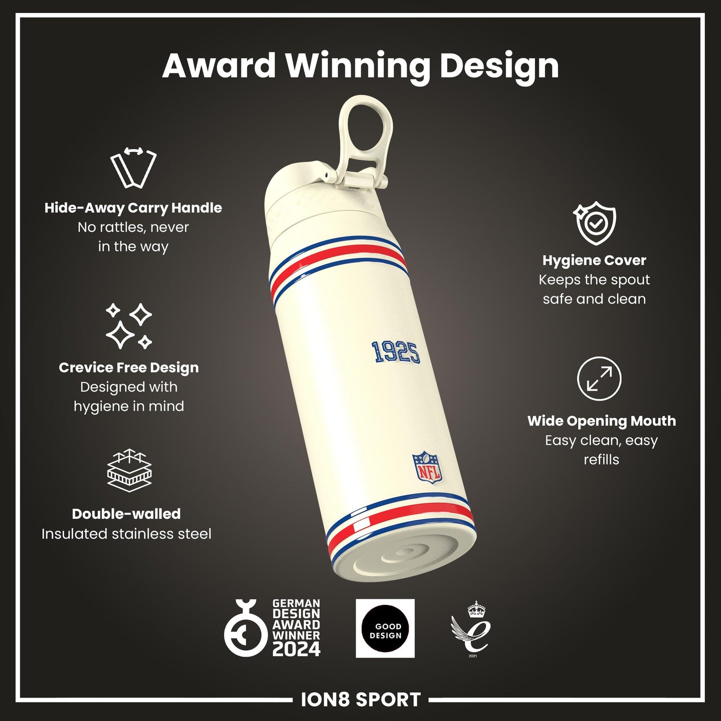 NFL x ION8 Insulated Steel Water Bottle, NFL Giants, 750ml (24oz)