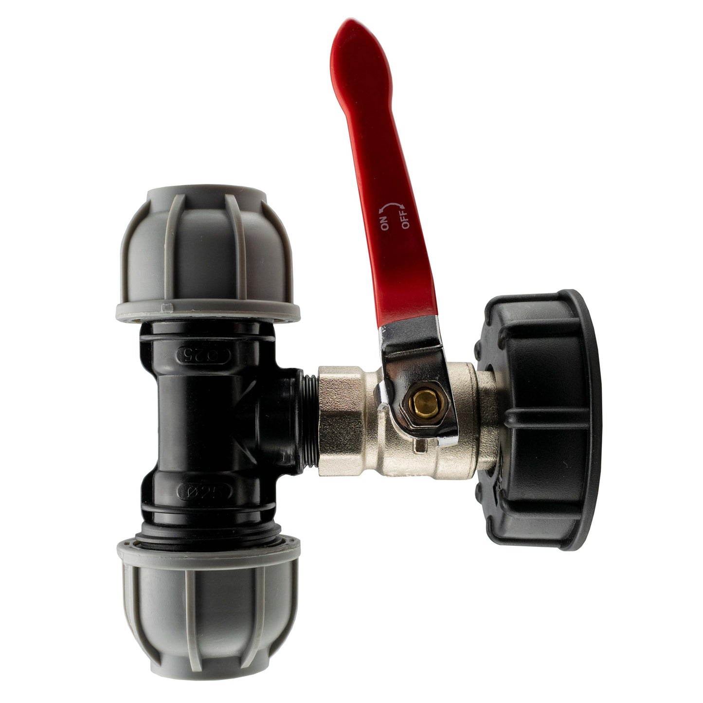 IBC 2 S60X6 Cap with Lever Valve and 25mm MDPE Tee for Drip Irrigation Fitting