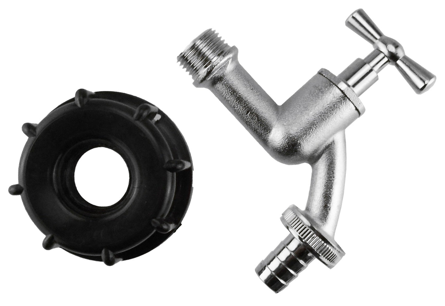 IBC 2 S60X6 Cap with Nickle Plated Bib Tap 3/4 Barb Garden Hose Pipe Tap Adapter