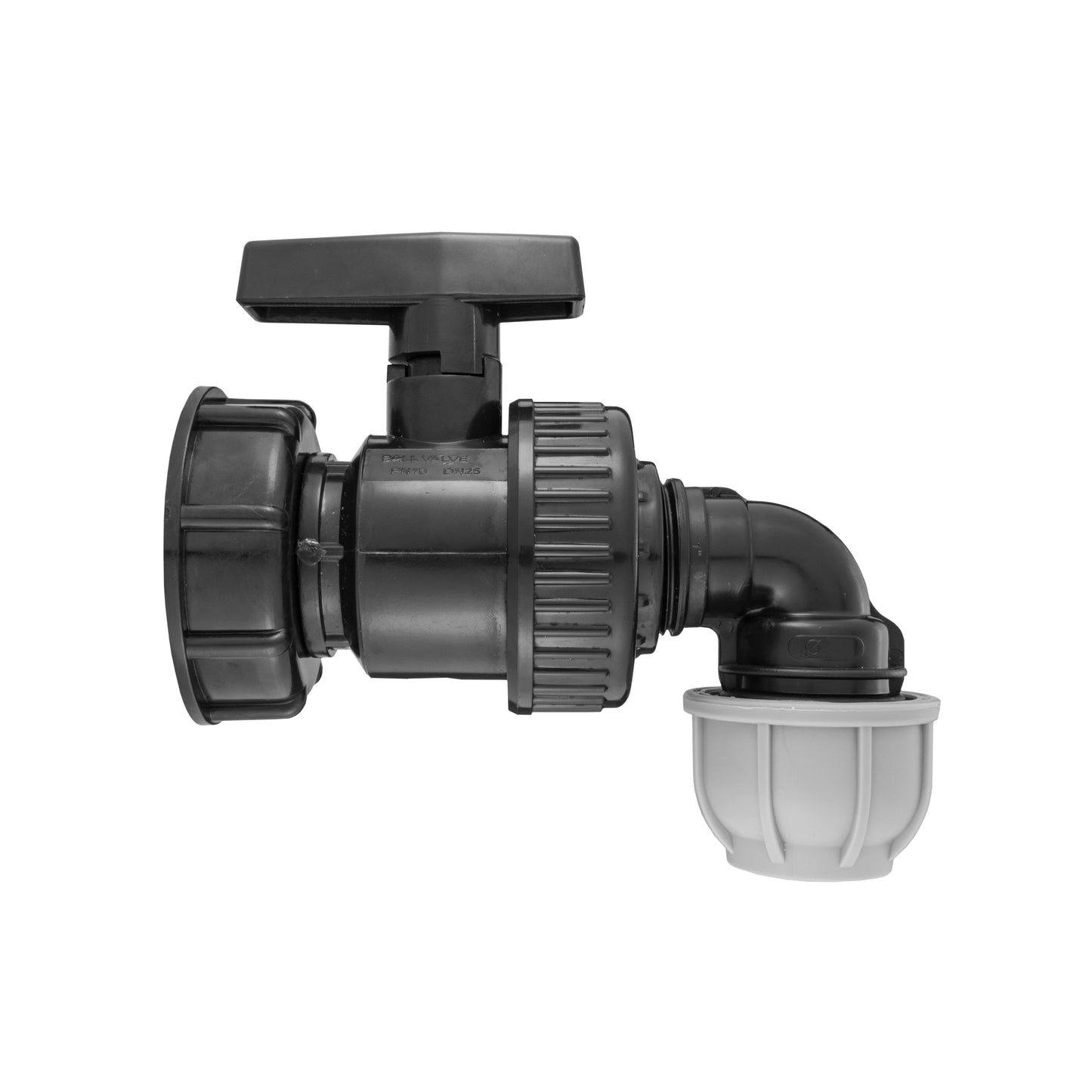 IBC 2 S60X6 Cap with Large Plastic Valve and MDPE Elbow 25mm for Water Connector
