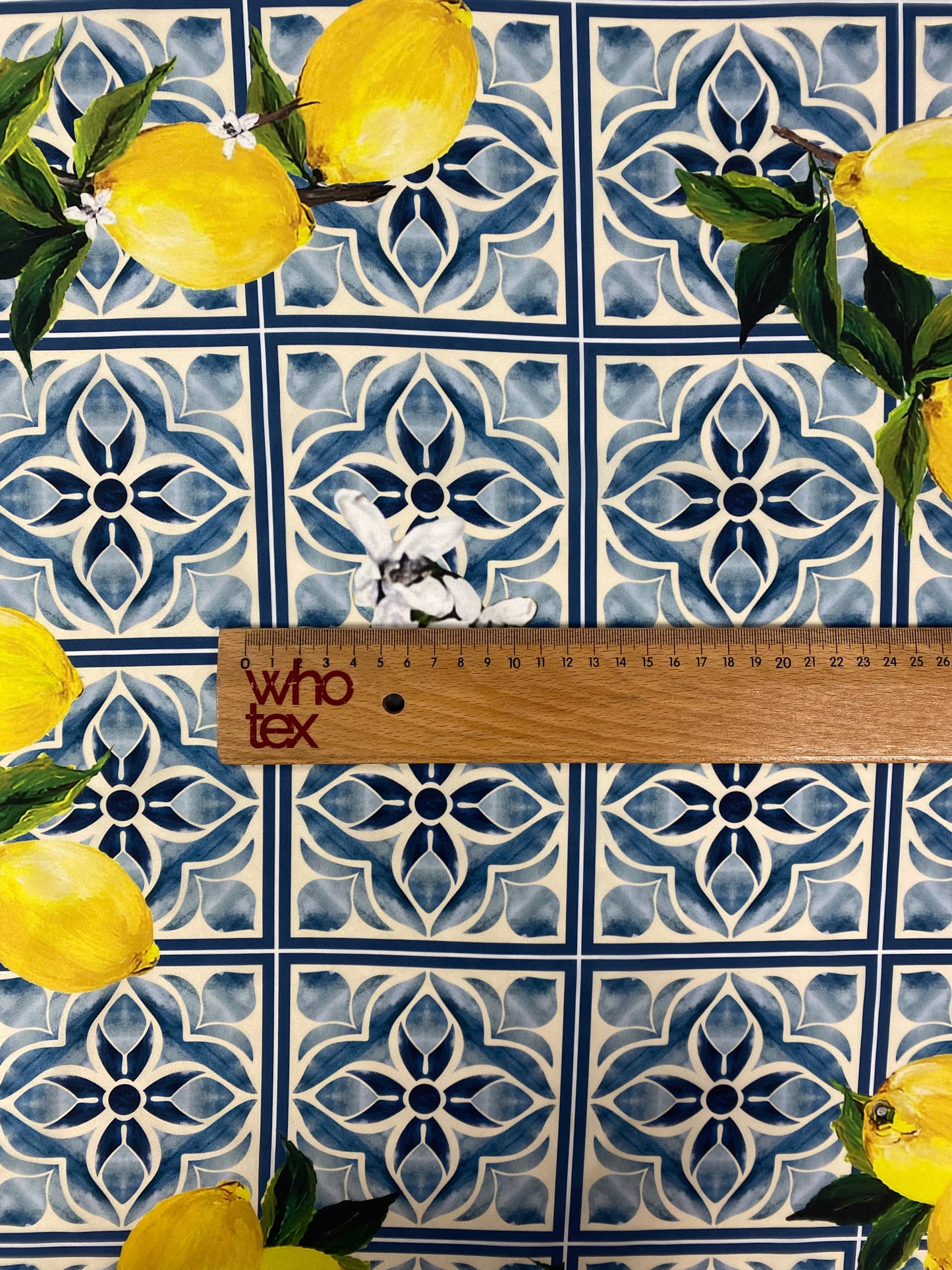 Mediterranean Lemon and Blue Tile Print Fabric